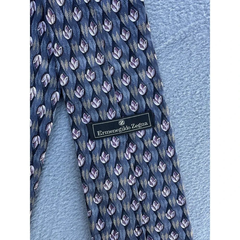 Ermenegildo Zegna Italy Silk Tie Blue Purple Gold Floral Pattern Necktie Classic